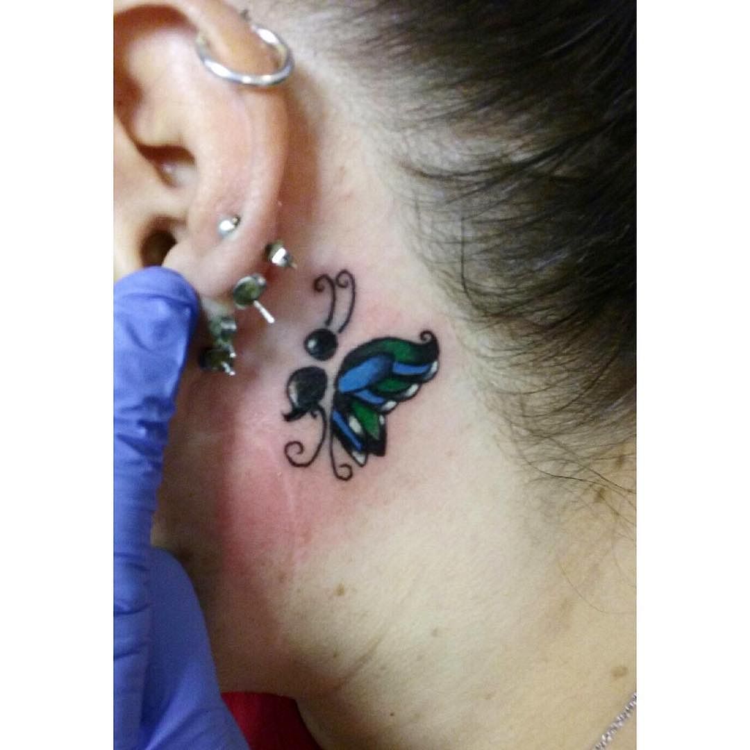 Blue Semicolon Butterfly Tattoo Behind Ear
